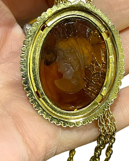 Vintage large Amber glass etched intalgio reverse  cameo gold finish necklace