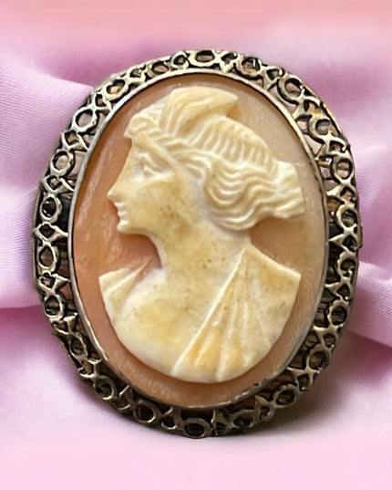 Antique Ornate filagree 800 silver Hand carved shell cameo brooch pendant