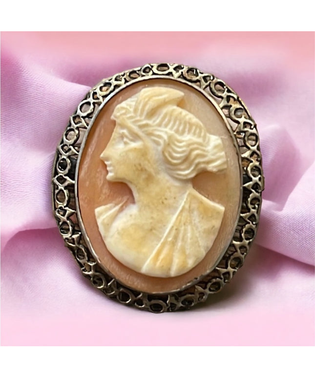Antique Ornate filagree 800 silver Hand carved shell cameo brooch pendant