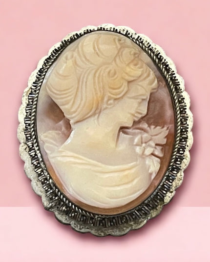 Vintage Ornate 800 sterling silver Hand carved shell cameo brooch…