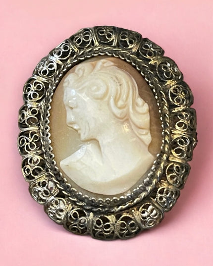 Antique Ornate filagree 800 silver Hand carved shell cameo brooch pendant