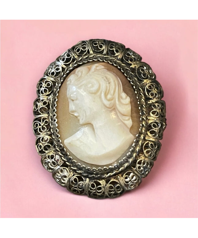 Antique Ornate filagree 800 silver Hand carved shell cameo brooch pendant