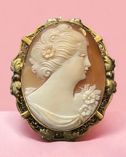 stunning 1950s Rainbow 14k Gold filled ornate carved shell cameo brooch pendant