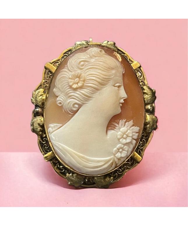 stunning 1950s Rainbow 14k Gold filled ornate carved shell cameo brooch pendant