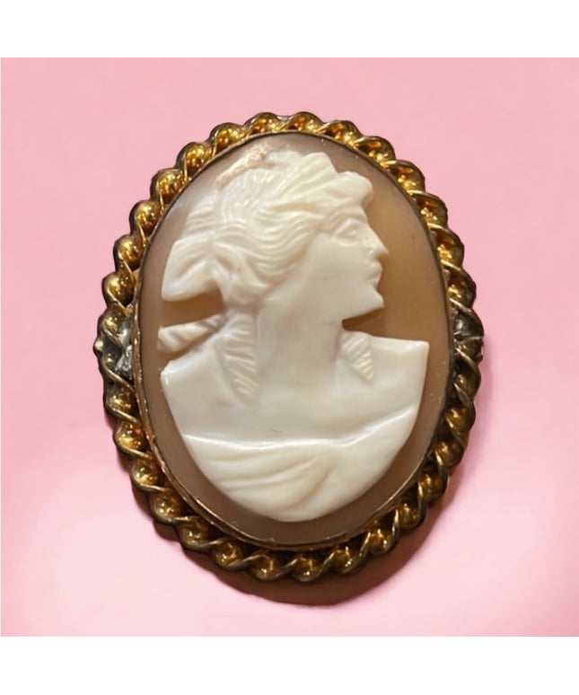 - Vintage Art Deco style Gold filled carved shell RF cameo lady