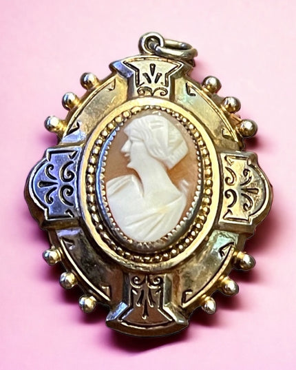 Vintage ornate etched gold and silver finish Shell cameo locket pendant