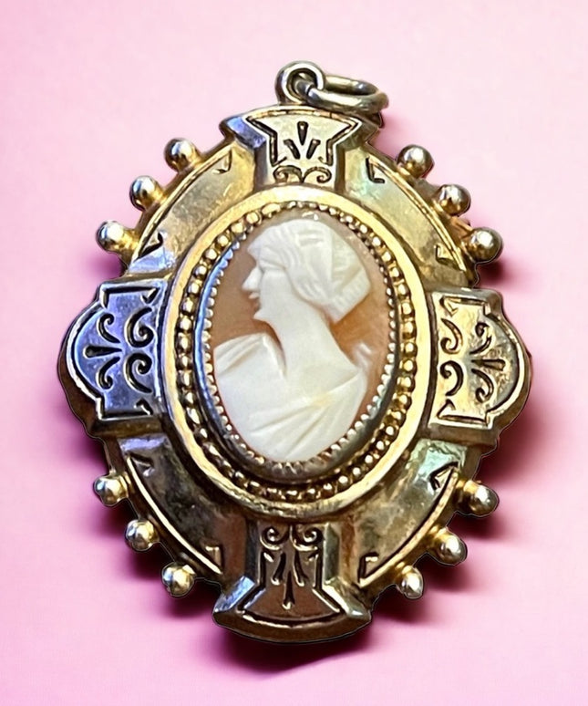 Vintage ornate etched gold and silver finish Shell cameo locket pendant