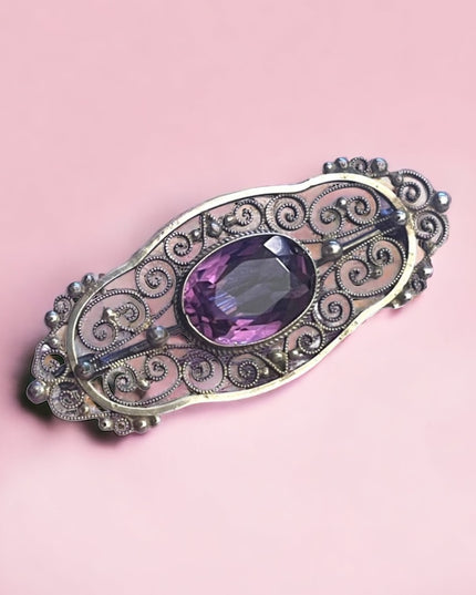 Antique Sterling silver ornate filagree amethyet fancy bar brooch