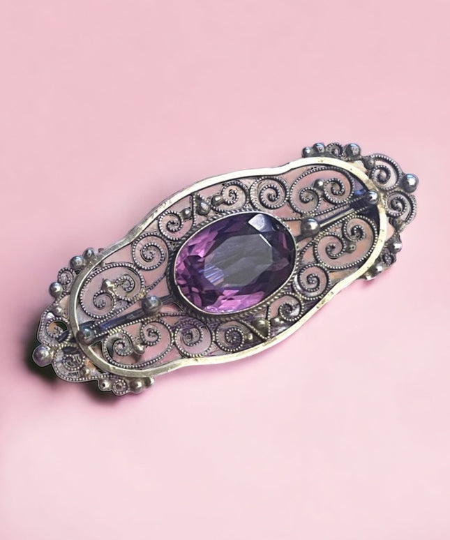 Antique Sterling silver ornate filagree amethyet fancy bar brooch