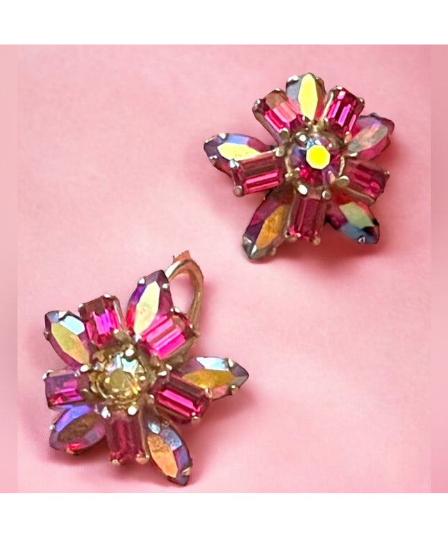 Vintage 1950s Pink Fuscia Ab Crystal SHERMAN flower screw back earrings