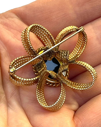 Vintage 1960s Winard Fancy gold filled 12k Ornate black onyx flower brooch