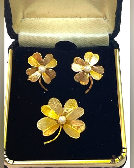 Vintage 1950s 12k GF Gold filled 4 leaf clover earrings & brooch set