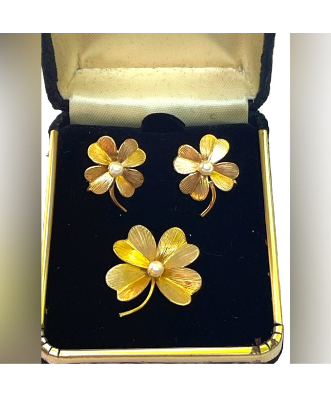 Vintage 1950s 12k GF Gold filled 4 leaf clover earrings & brooch set