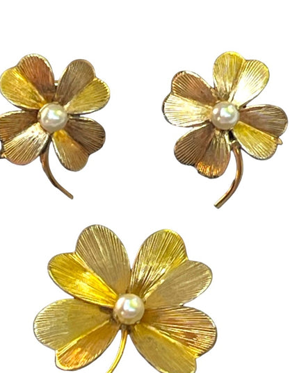 Vintage 1950s 12k GF Gold filled 4 leaf clover earrings & brooch set