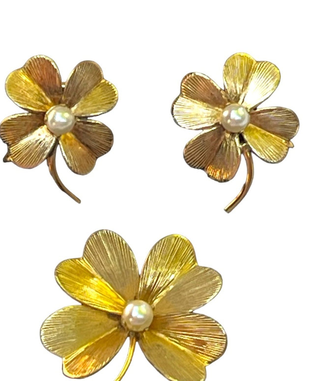 Vintage 1950s 12k GF Gold filled 4 leaf clover earrings & brooch set