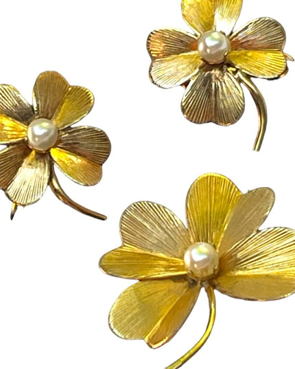 Vintage 1950s 12k GF Gold filled 4 leaf clover earrings & brooch set