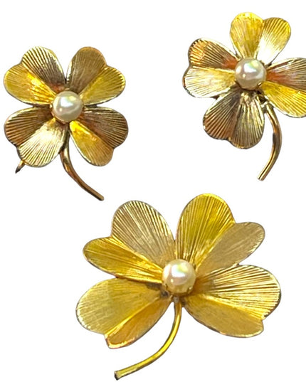 Vintage 1950s 12k GF Gold filled 4 leaf clover earrings & brooch set