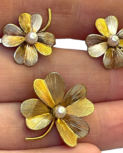 Vintage 1950s 12k GF Gold filled 4 leaf clover earrings & brooch set
