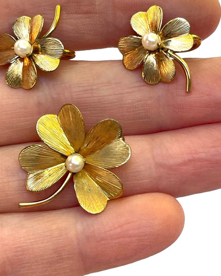 Vintage 1950s 12k GF Gold filled 4 leaf clover earrings & brooch set