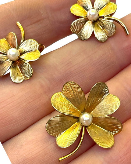 Vintage 1950s 12k GF Gold filled 4 leaf clover earrings & brooch set