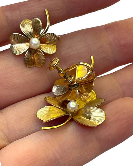 Vintage 1950s 12k GF Gold filled 4 leaf clover earrings & brooch set