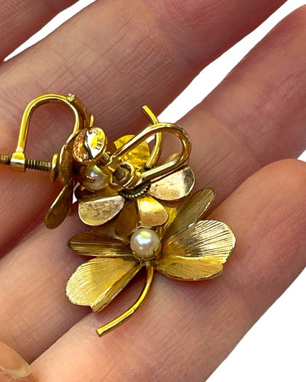 Vintage 1950s 12k GF Gold filled 4 leaf clover earrings & brooch set