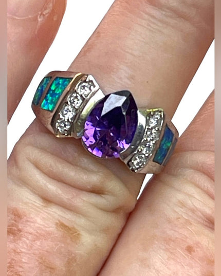 Stunning sterling silver Mexico 925 Opal amethyst Cz fancy ring