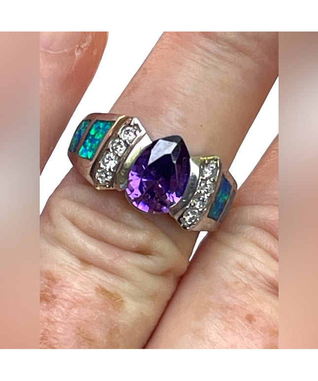 Stunning sterling silver Mexico 925 Opal amethyst Cz fancy ring
