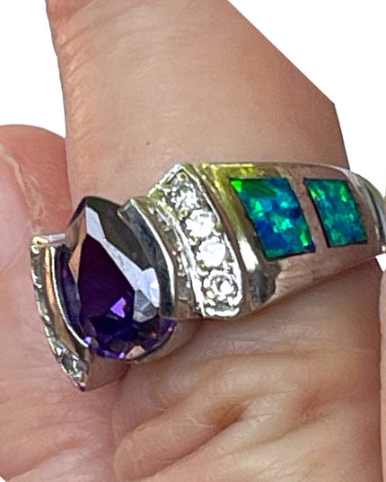 Stunning sterling silver Mexico 925 Opal amethyst Cz fancy ring