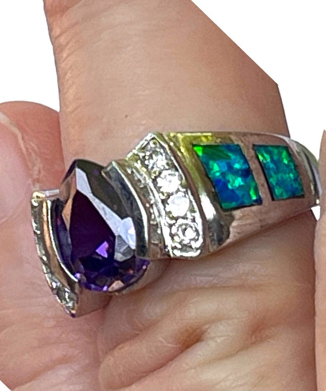 Stunning sterling silver Mexico 925 Opal amethyst Cz fancy ring