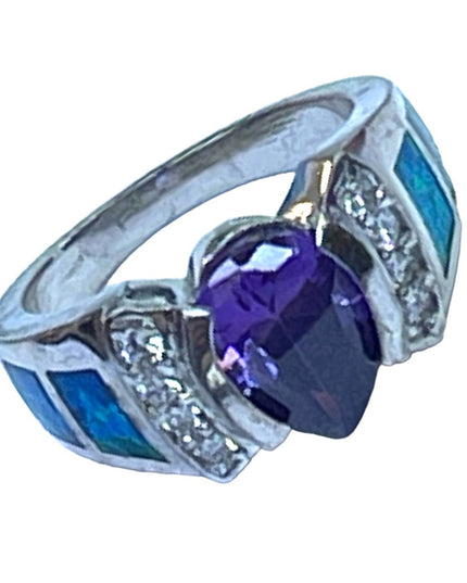 Stunning sterling silver Mexico 925 Opal amethyst Cz fancy ring