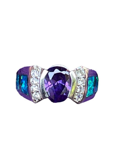Stunning sterling silver Mexico 925 Opal amethyst Cz fancy ring
