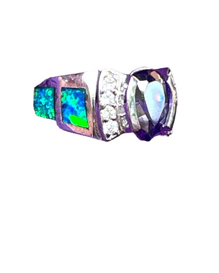 Stunning sterling silver Mexico 925 Opal amethyst Cz fancy ring
