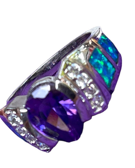 Stunning sterling silver Mexico 925 Opal amethyst Cz fancy ring
