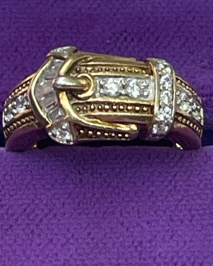 Vintage Sterling silver 925 Gold finish CZ buckle ring 💗