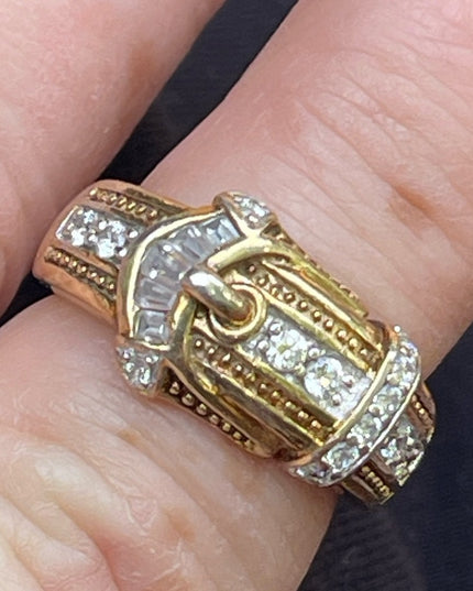 Vintage Sterling silver 925 Gold finish CZ buckle ring 💗