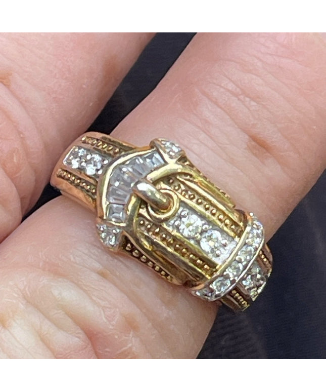 Vintage Sterling silver 925 Gold finish CZ buckle ring 💗