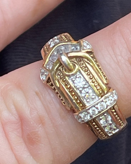 Vintage Sterling silver 925 Gold finish CZ buckle ring 💗