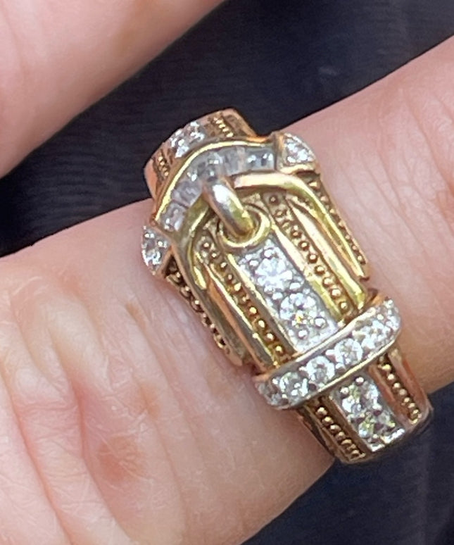 Vintage Sterling silver 925 Gold finish CZ buckle ring 💗