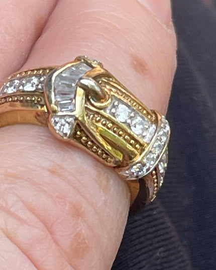 Vintage Sterling silver 925 Gold finish CZ buckle ring 💗