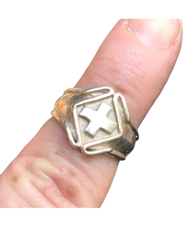 Vintage sterling silver cross signet religious pinky ring 925