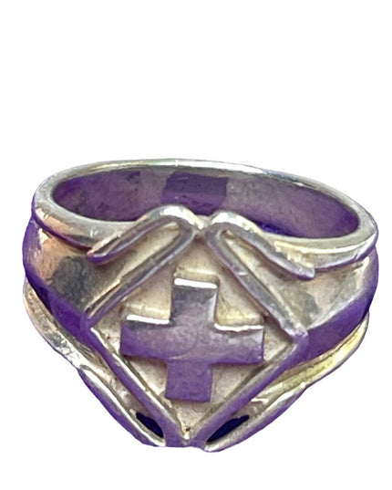 Vintage sterling silver cross signet religious pinky ring 925