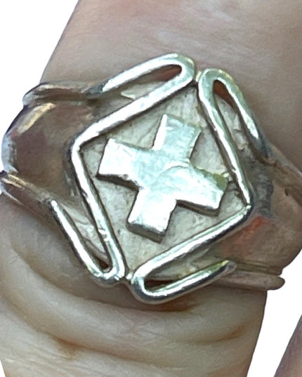 Vintage sterling silver cross signet religious pinky ring 925