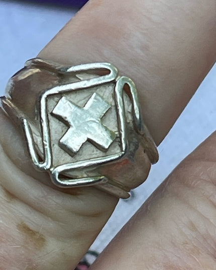 Vintage sterling silver cross signet religious pinky ring 925