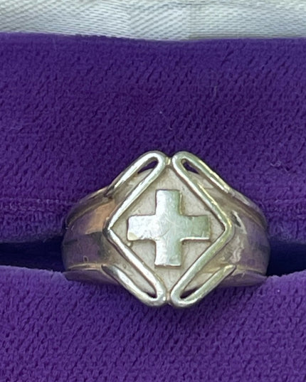 Vintage sterling silver cross signet religious pinky ring 925