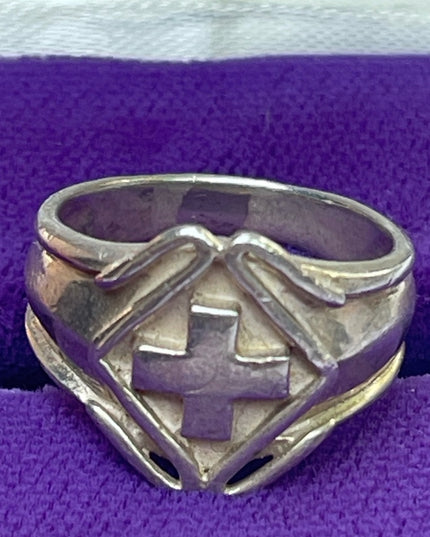 Vintage sterling silver cross signet religious pinky ring 925