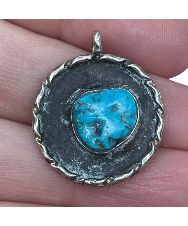 Vintage 1950s handmade sterling silver Navajo authebtic turquoise pendant