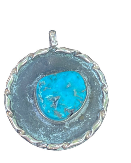 Vintage 1950s handmade sterling silver Navajo authebtic turquoise pendant