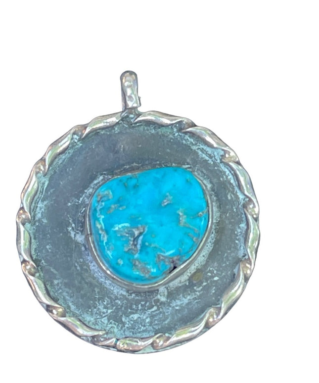 Vintage 1950s handmade sterling silver Navajo authebtic turquoise pendant