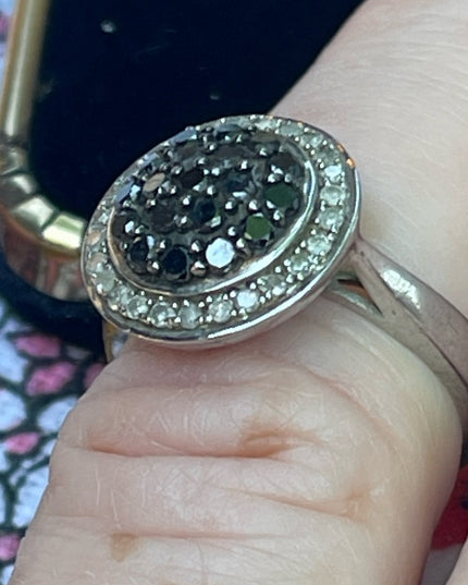 Authentic black & white diamond stunning sterling silver 925 fancy cluster ring